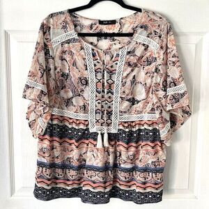 Style & Co Peasant Boho Blouse Pullover Peplum Hem Kimono Sleeve Size L‎ Tassel